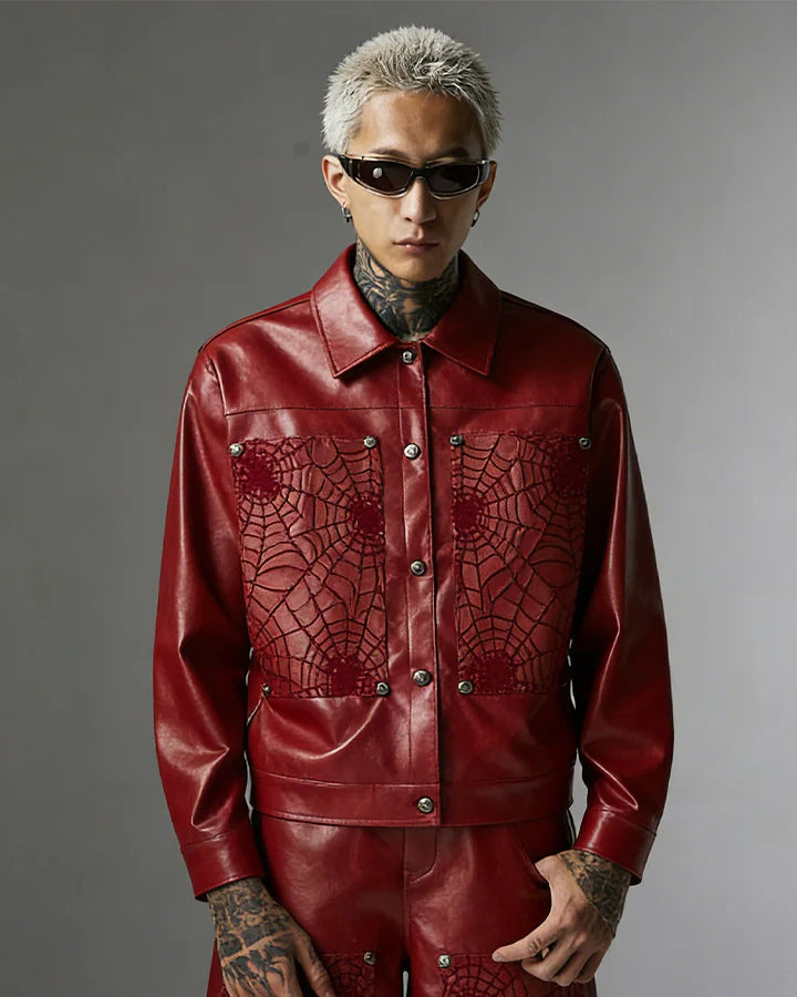 Faux Leather Jacket with Spiderweb Panels