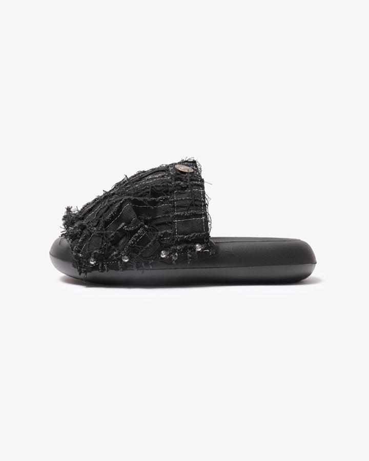 New Black Frayed Denim Platform Slides
