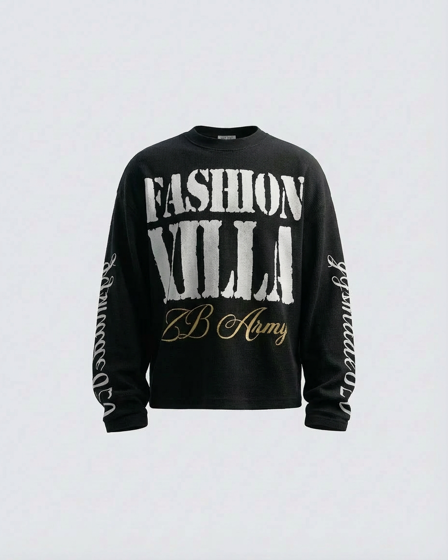 American Vintage Letter Print Waffle Long Sleeve T-Shirt