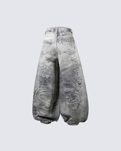 Graffiti Print Balloon Denim Pants