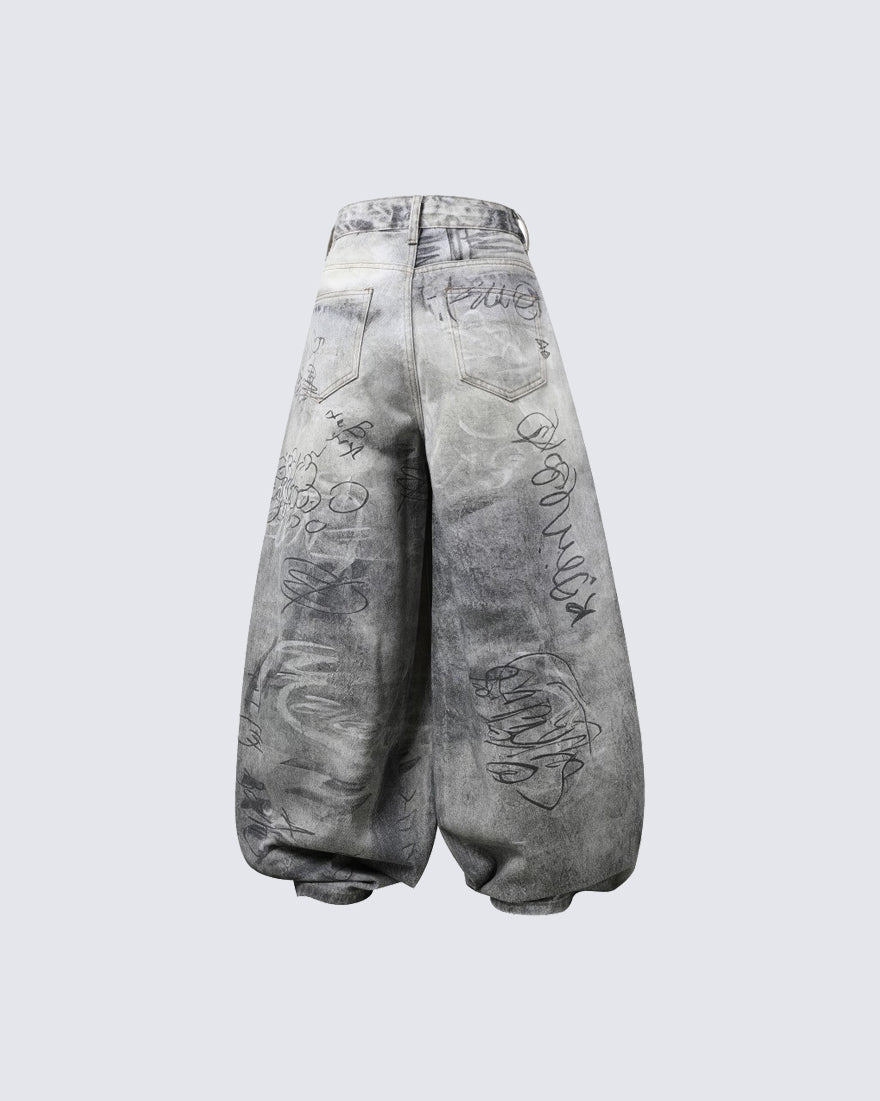 Graffiti Print Balloon Denim Pants