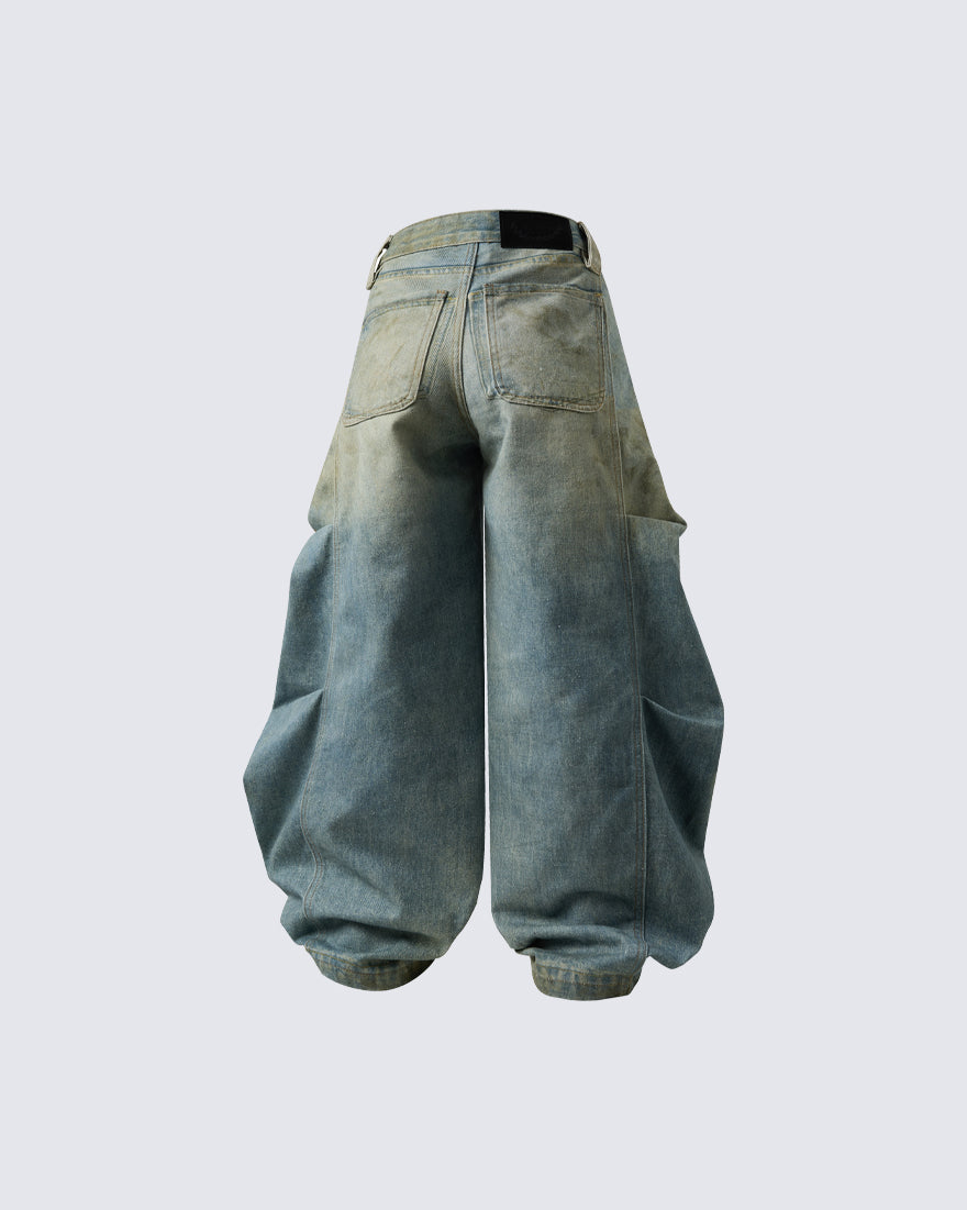 New Vintage Washed Cartoon Patch Balloon Jeans
