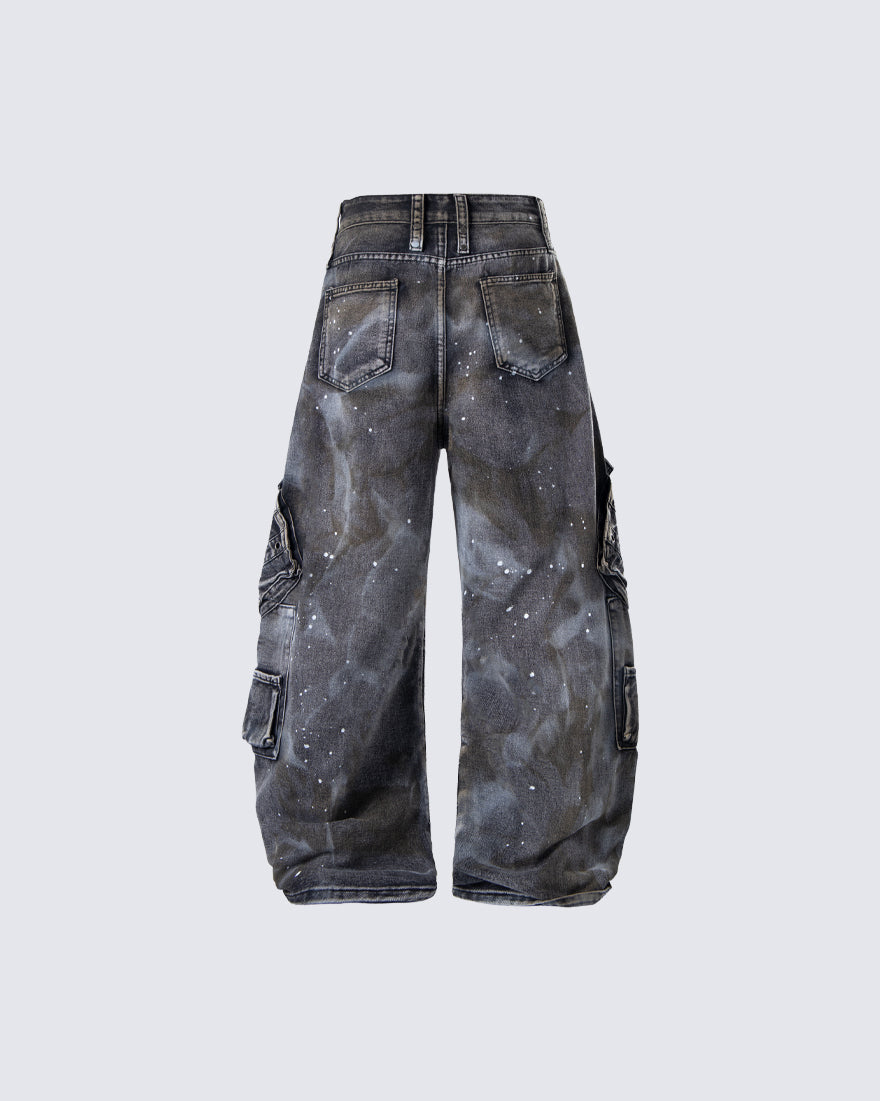 Heavy Washed Ink-Splatter Deconstructed Denim Jeans