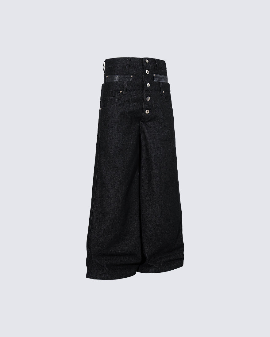 Rivet Patchwork Leather Panel Denim Pants