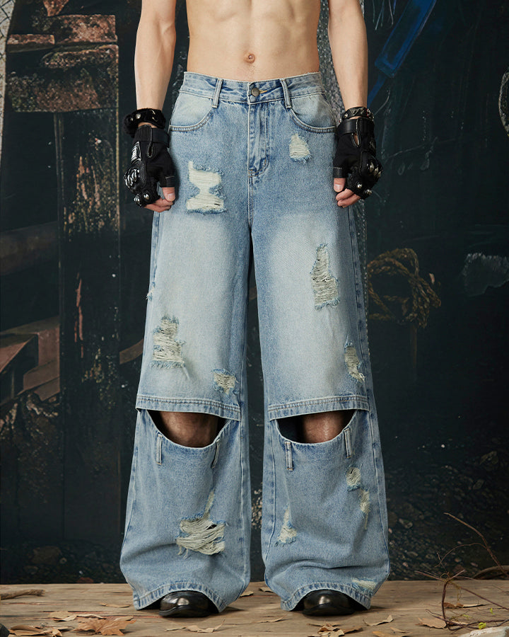 Punk Double-Knee Cutout Washed Denim Pants