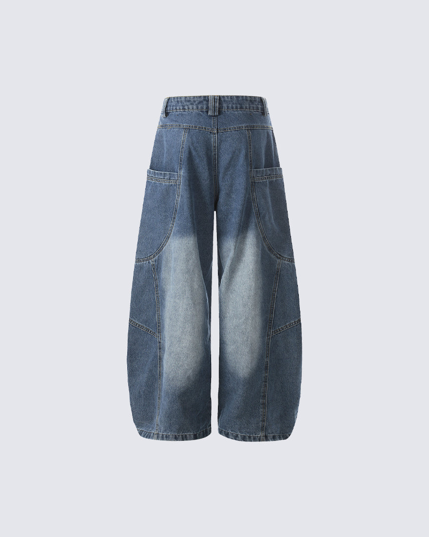 Washed Panel Design Loose Fit Denim Pants