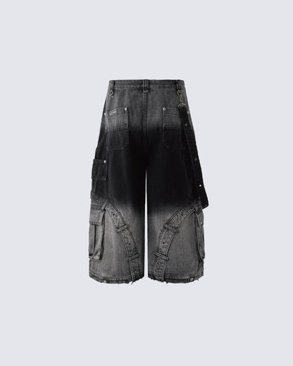 Washed Utility Wide Leg Cargo Shorts