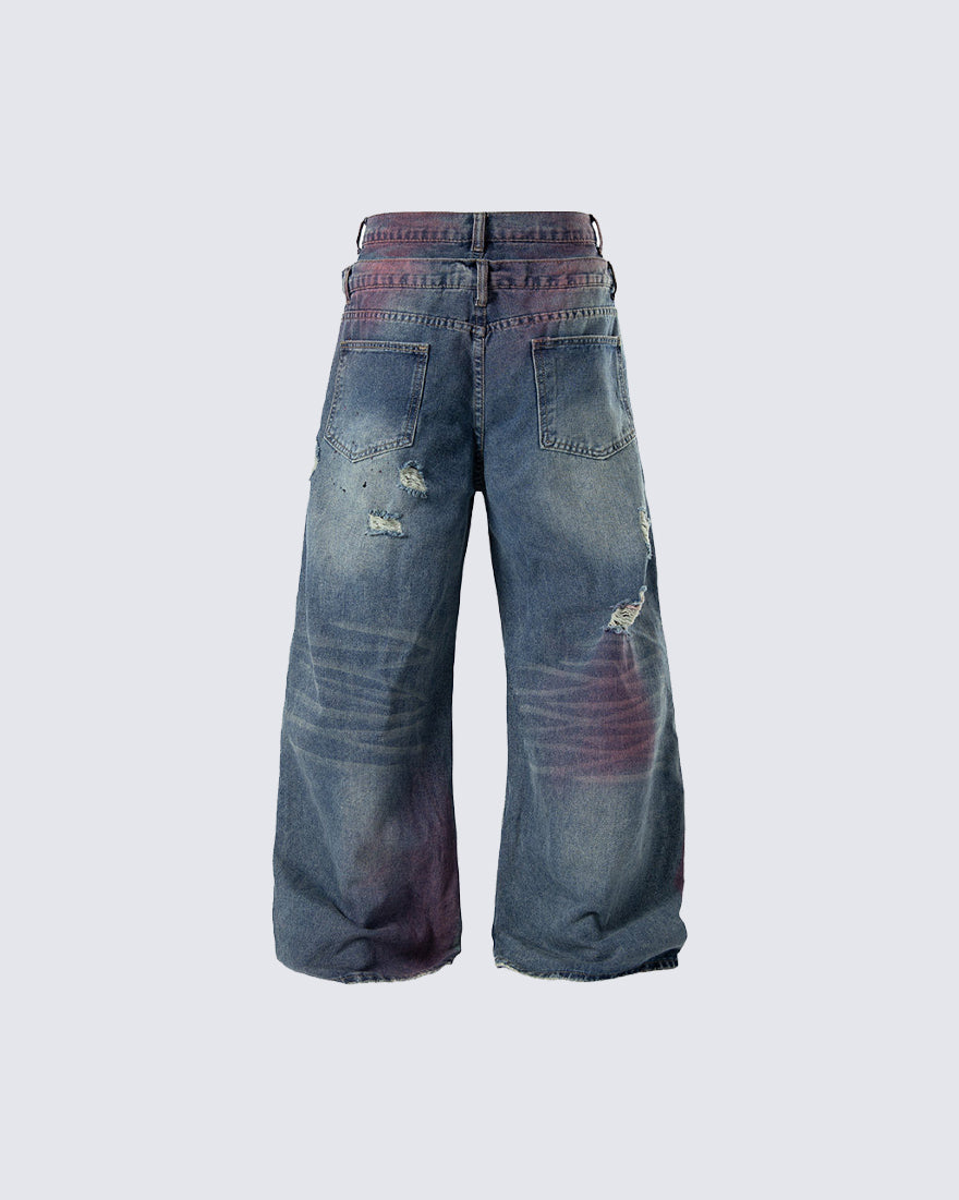 New Double Waist Spray Distressed Jeans