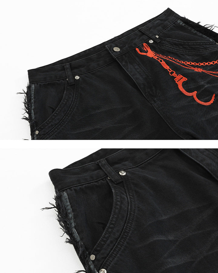 Vintage Embroidered Straight-Leg Denim Pants