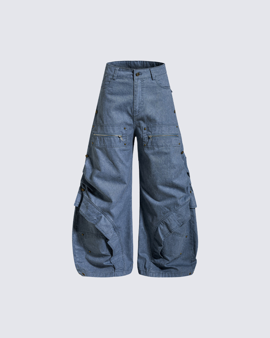 Spliced Metal-Detail Scimitar Denim Pants