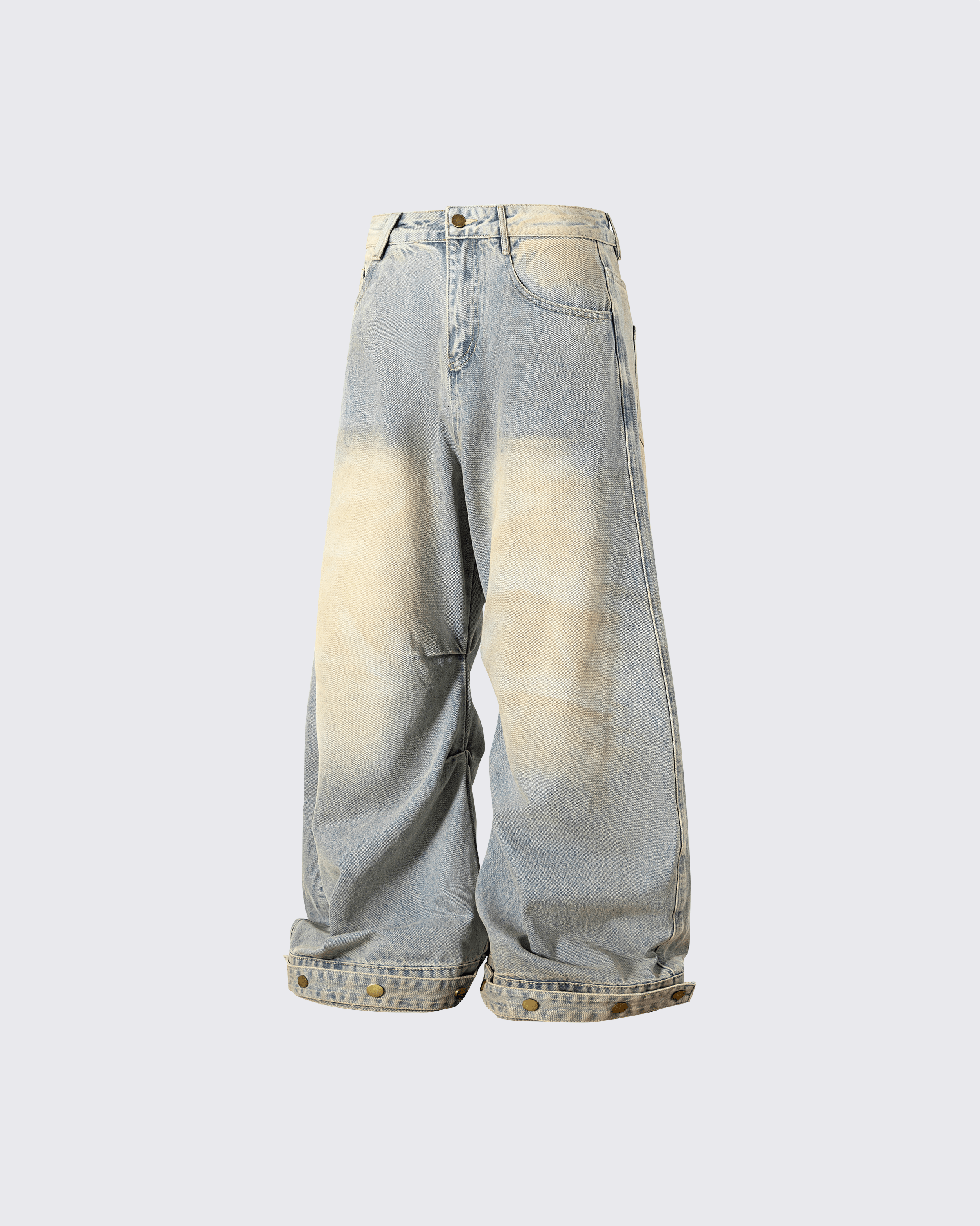 Wide-Leg Denim Jeans with Buttoned Hem