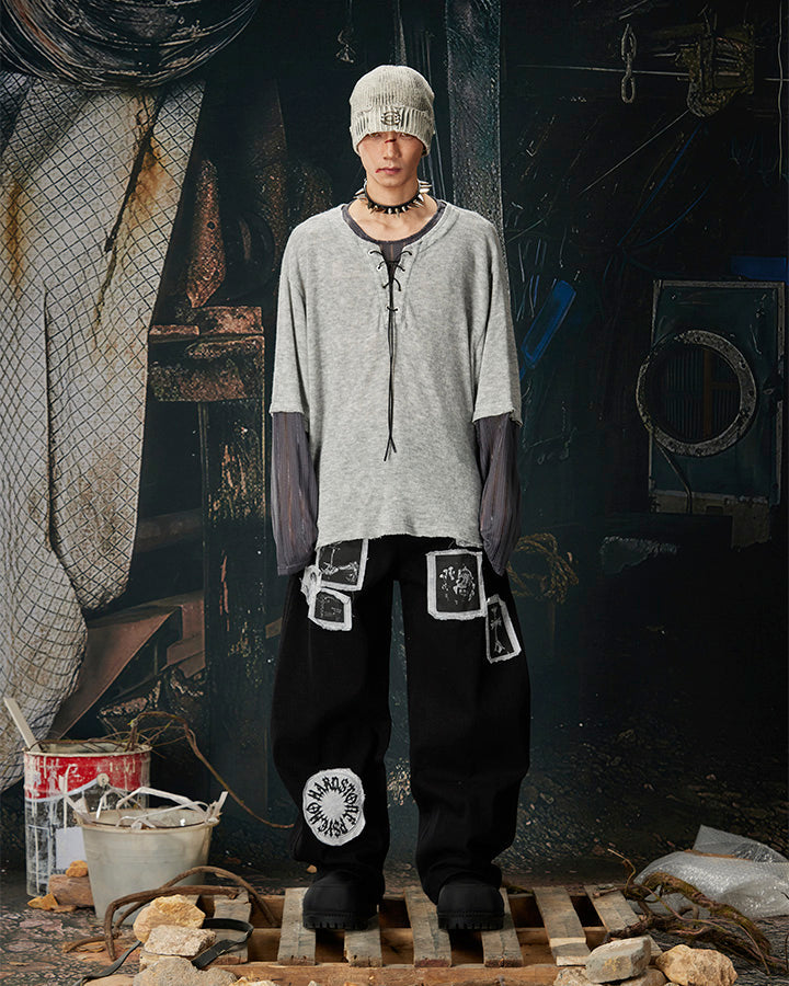 Graphic Patch Wide Leg Denim Pants