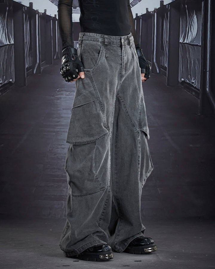 Distressed Panel Wide-Leg Denim Pants