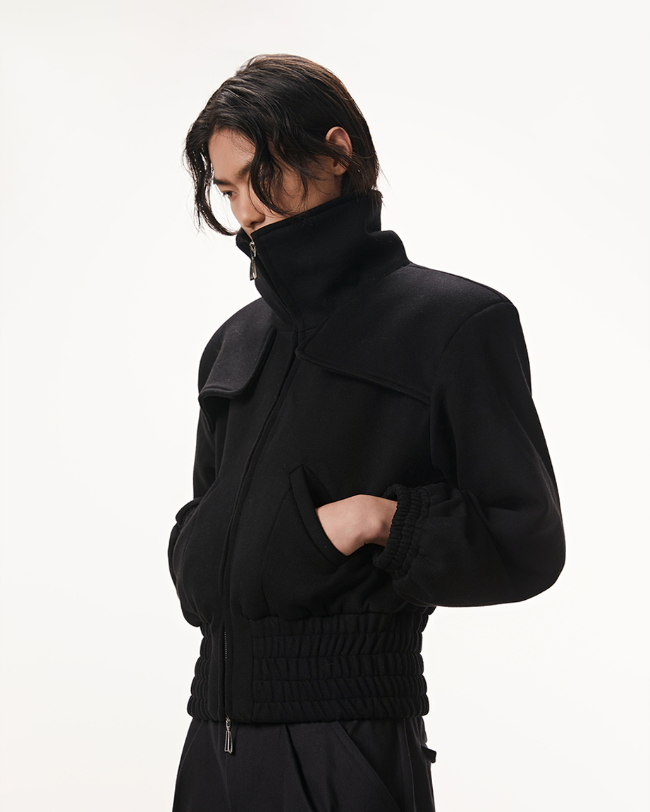 Black Wool-Blend Structured Zip-Up Jacket