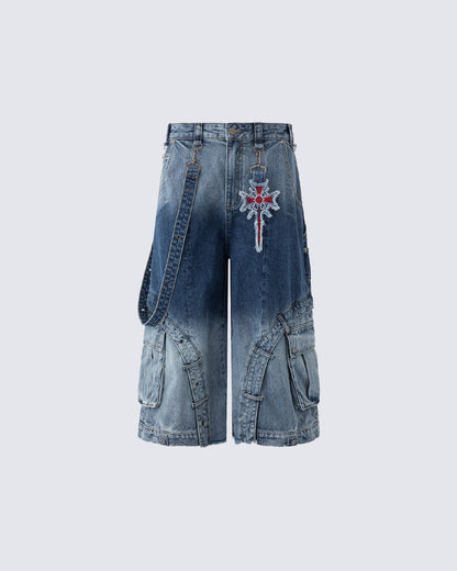Washed Utility Wide Leg Cargo Shorts