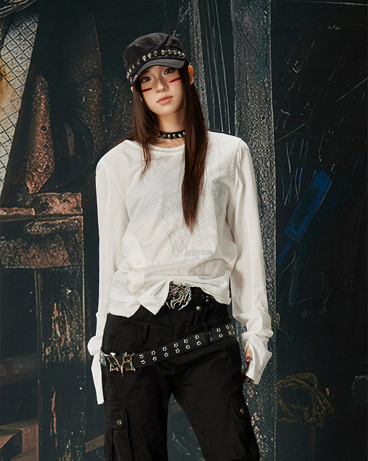 American Skeleton Texture Layered Long T-Shirt
