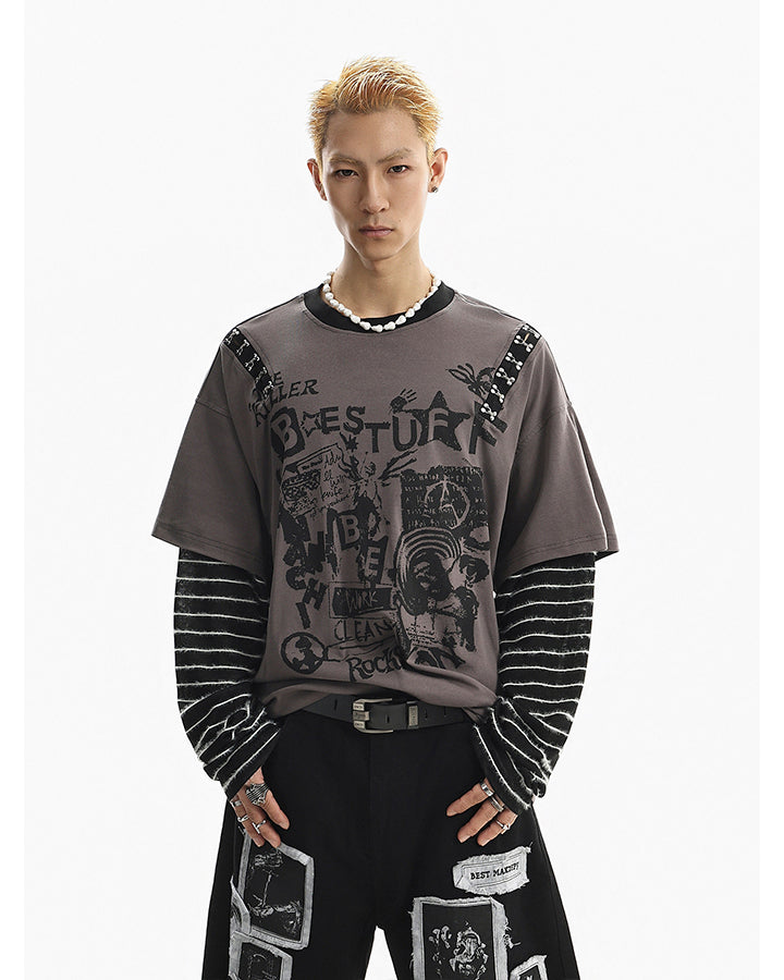 Gray-Black Distressed Graffiti Layered Sweatshirts