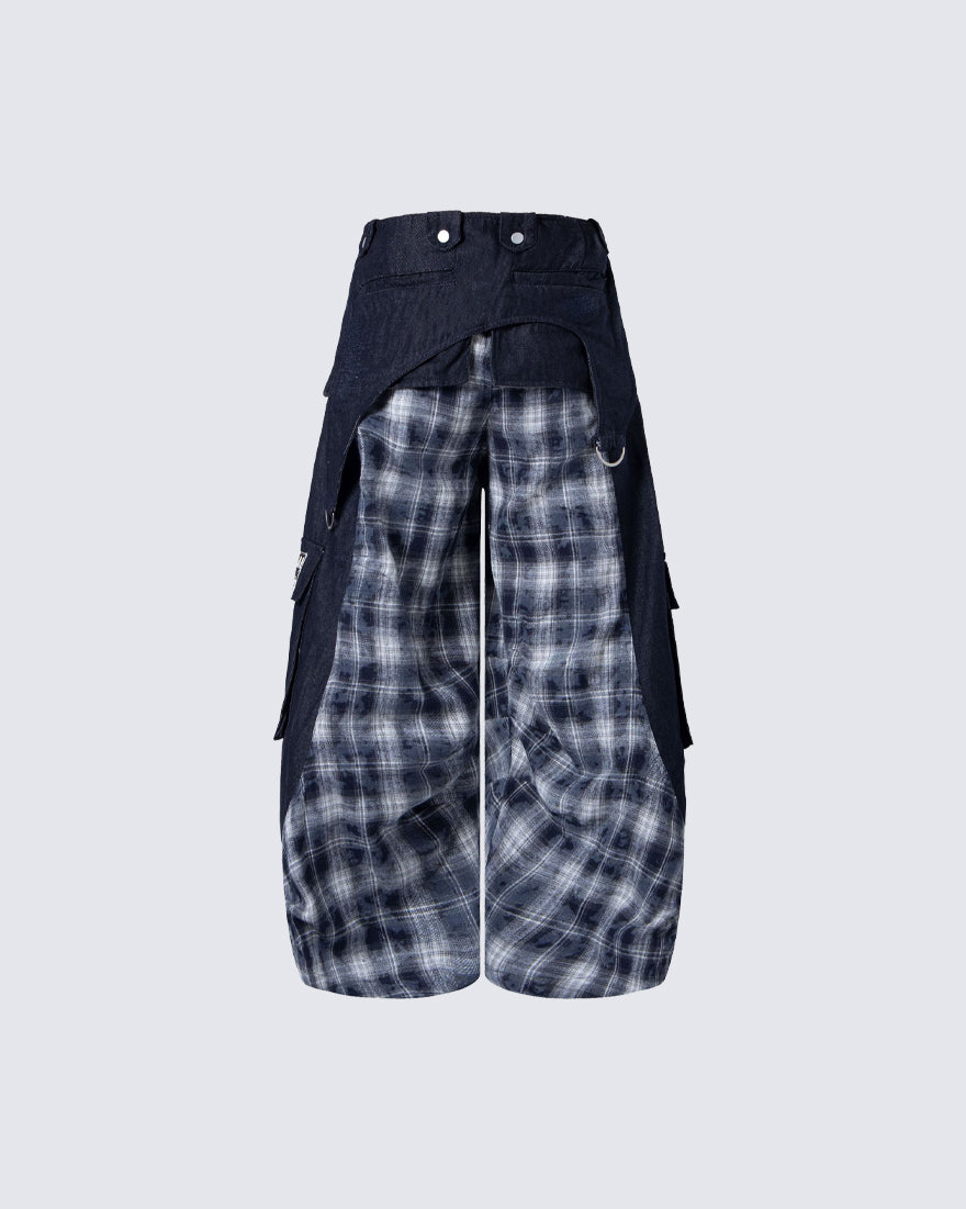 New Layered Plaid Cargo Wide-Leg Pants