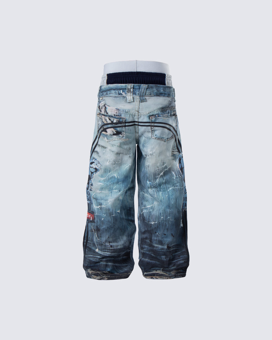 New Triple Waistband 3D Print Street Wide Pants