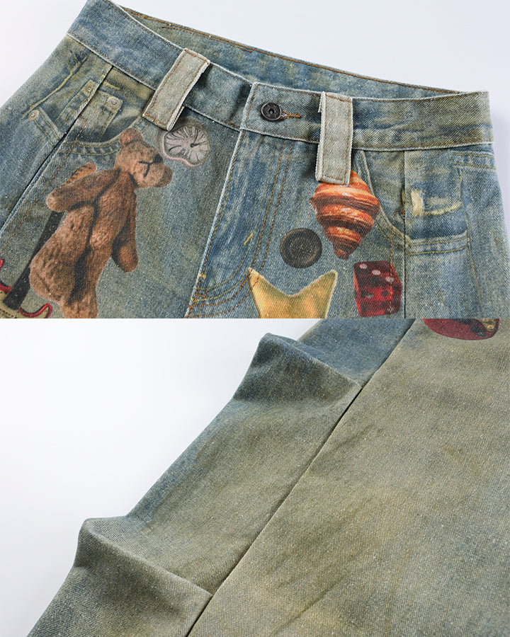 New Vintage Washed Cartoon Patch Balloon Jeans