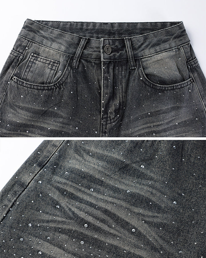 Washed Rhinestone Balloon Leg Jeans