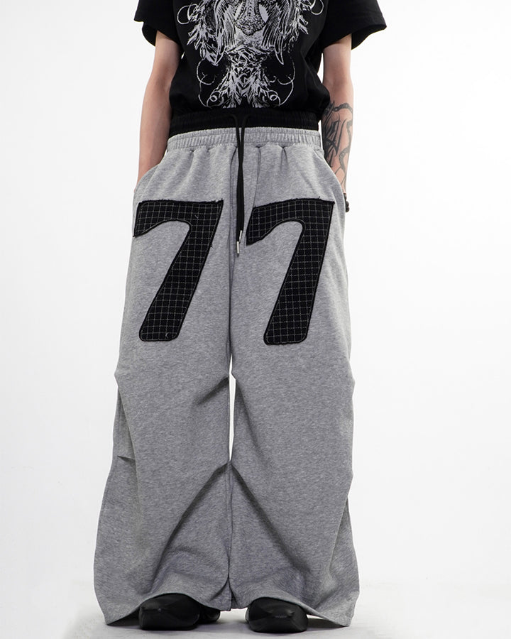 Double Waistband Number Patch Wide Leg Sweatpants