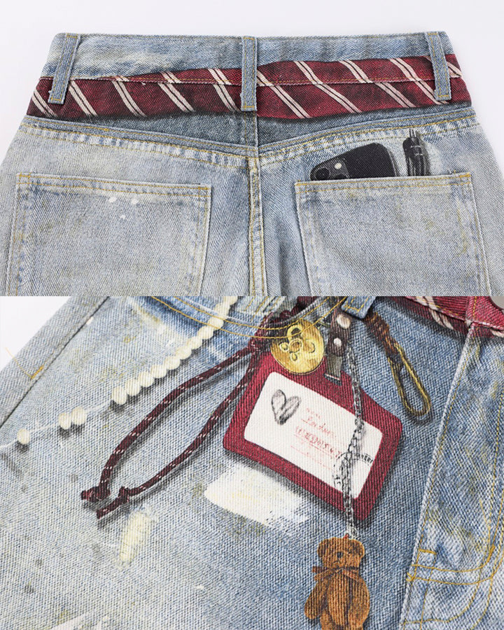 Printed Deconstructed Vintage Wide Denim Jean