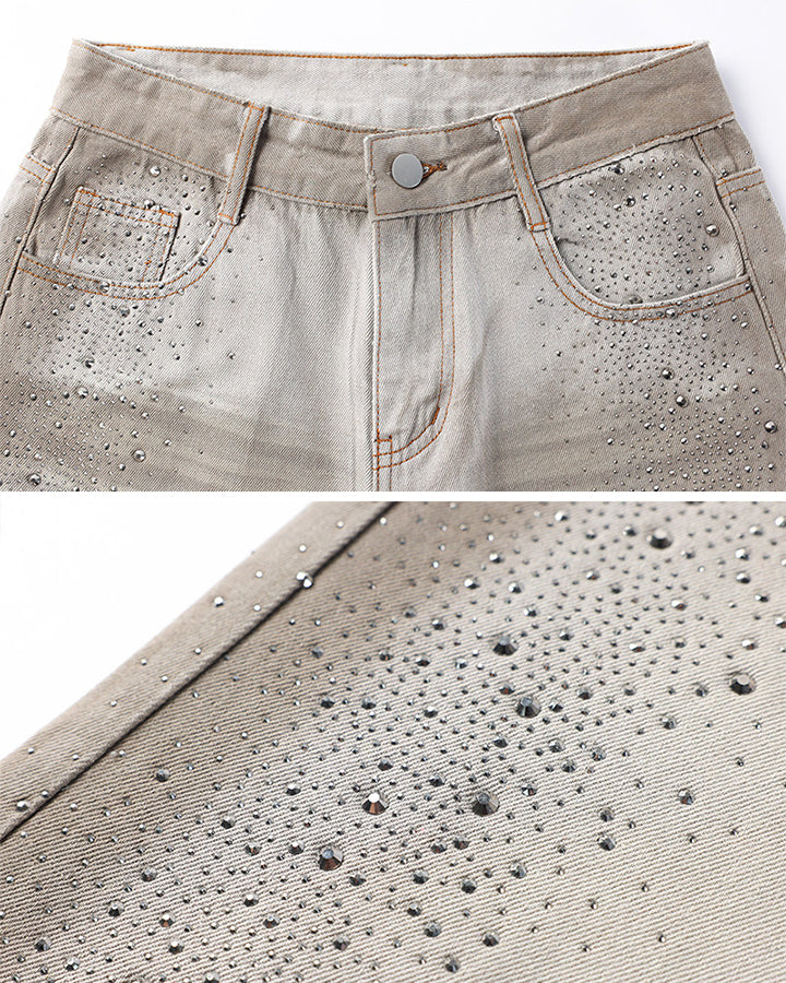 Khaki Washed Rhinestone Balloon Leg Jeans
