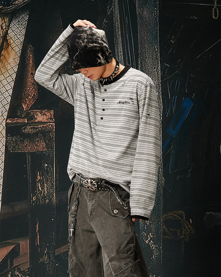 Vintage Contrast Stripe Button Long Sleeve T-Shirt