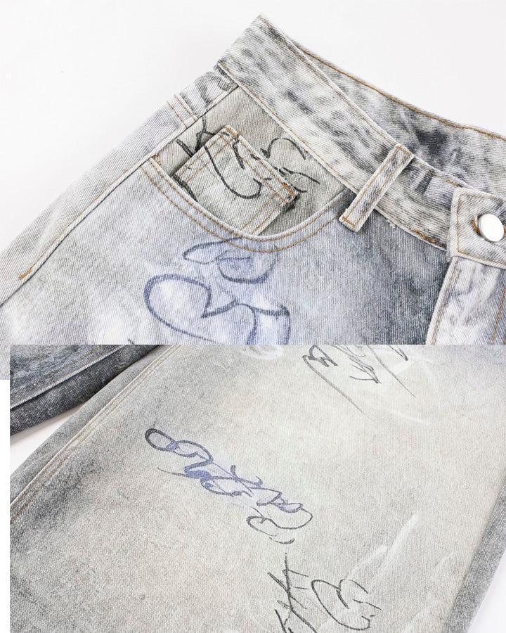 Graffiti Print Balloon Denim Pants