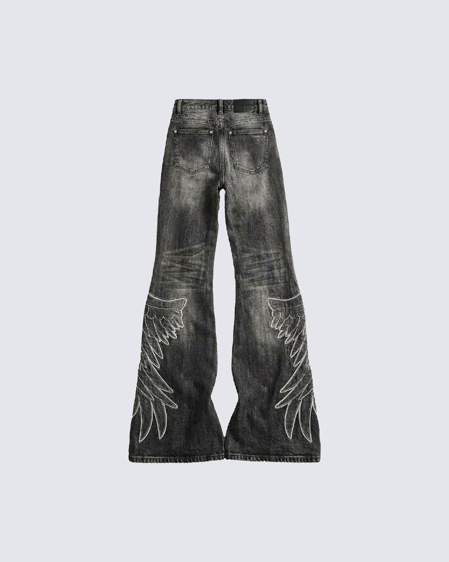 Angel Wing Print Distressed Wide-Legged Jeans