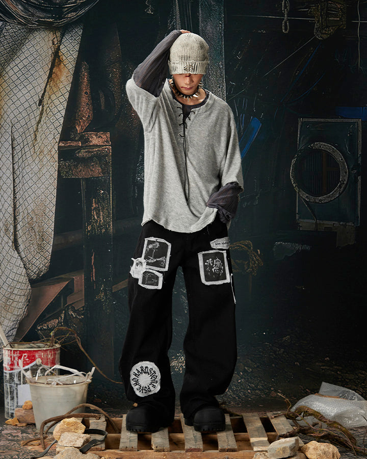 Graphic Patch Wide Leg Denim Pants
