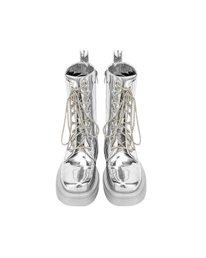 Metallic Lace-Up Platform Combat Boots