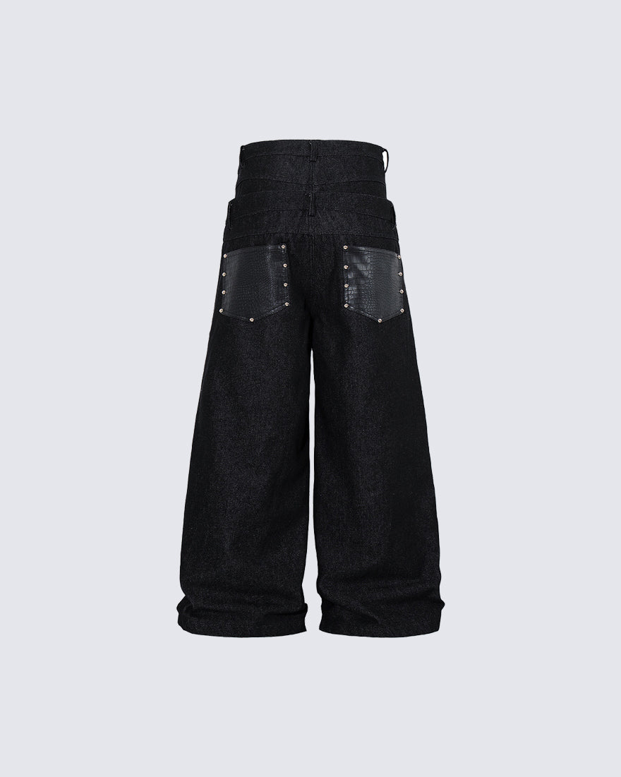 Rivet Patchwork Leather Panel Denim Pants