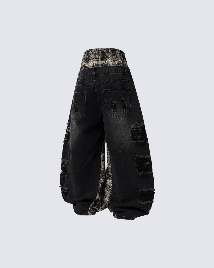 Hip-Hop Patchwork Plaid Layered Denim Pants