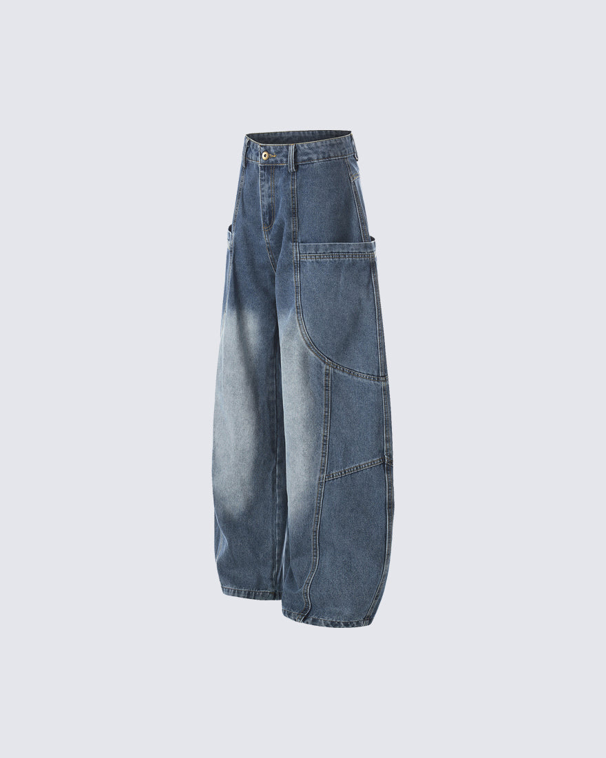 Washed Panel Design Loose Fit Denim Pants