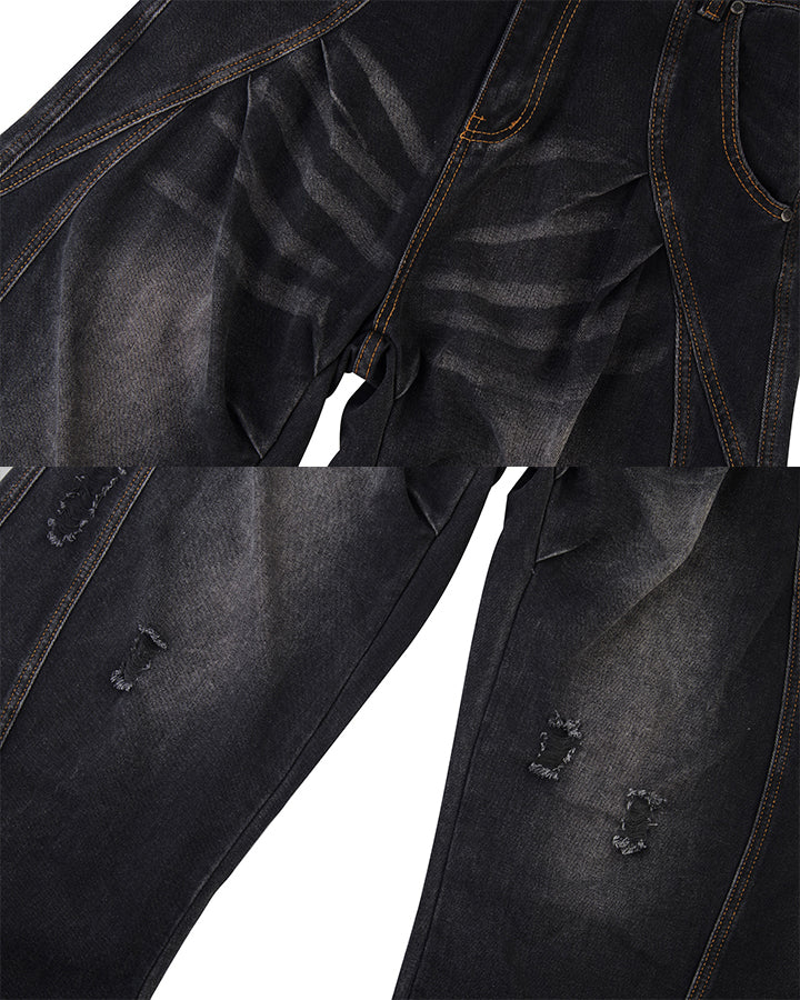 Distressed Deconstructed Washed Curved-Leg Jeans
