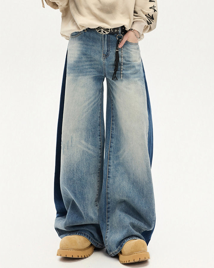 Spring Contrast Panel Wide-Leg Denim Jeans