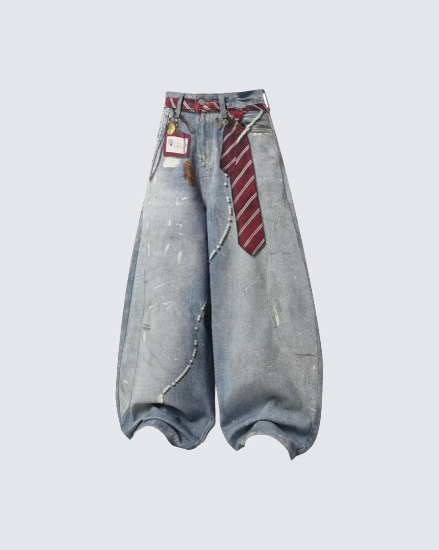 Printed Deconstructed Vintage Wide Denim Jean