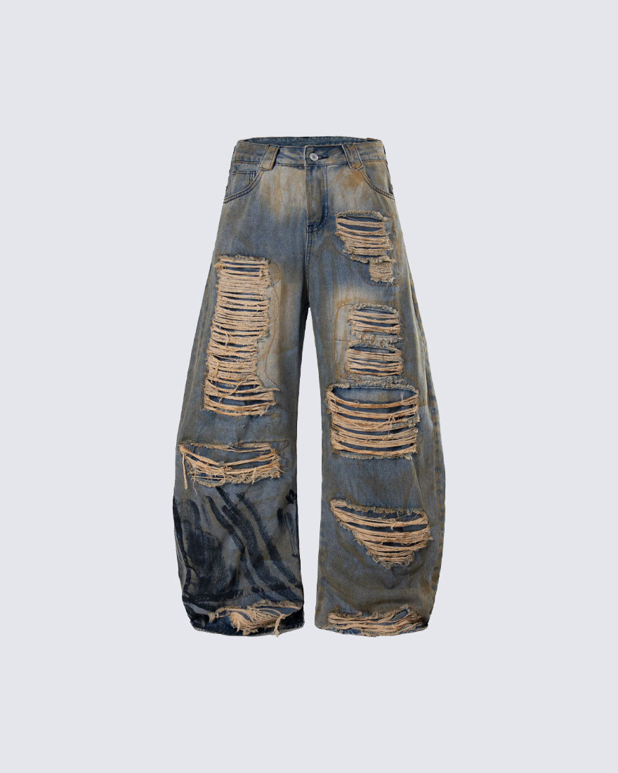 High-Street Distressed Curved-Leg Denim Jeans