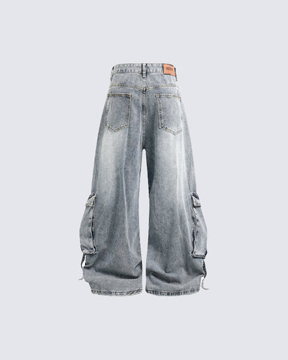 Washed Cargo Wide-Leg Denim Pants