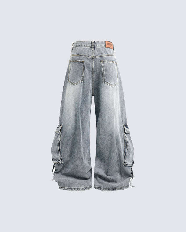 Washed Cargo Wide-Leg Denim Pants