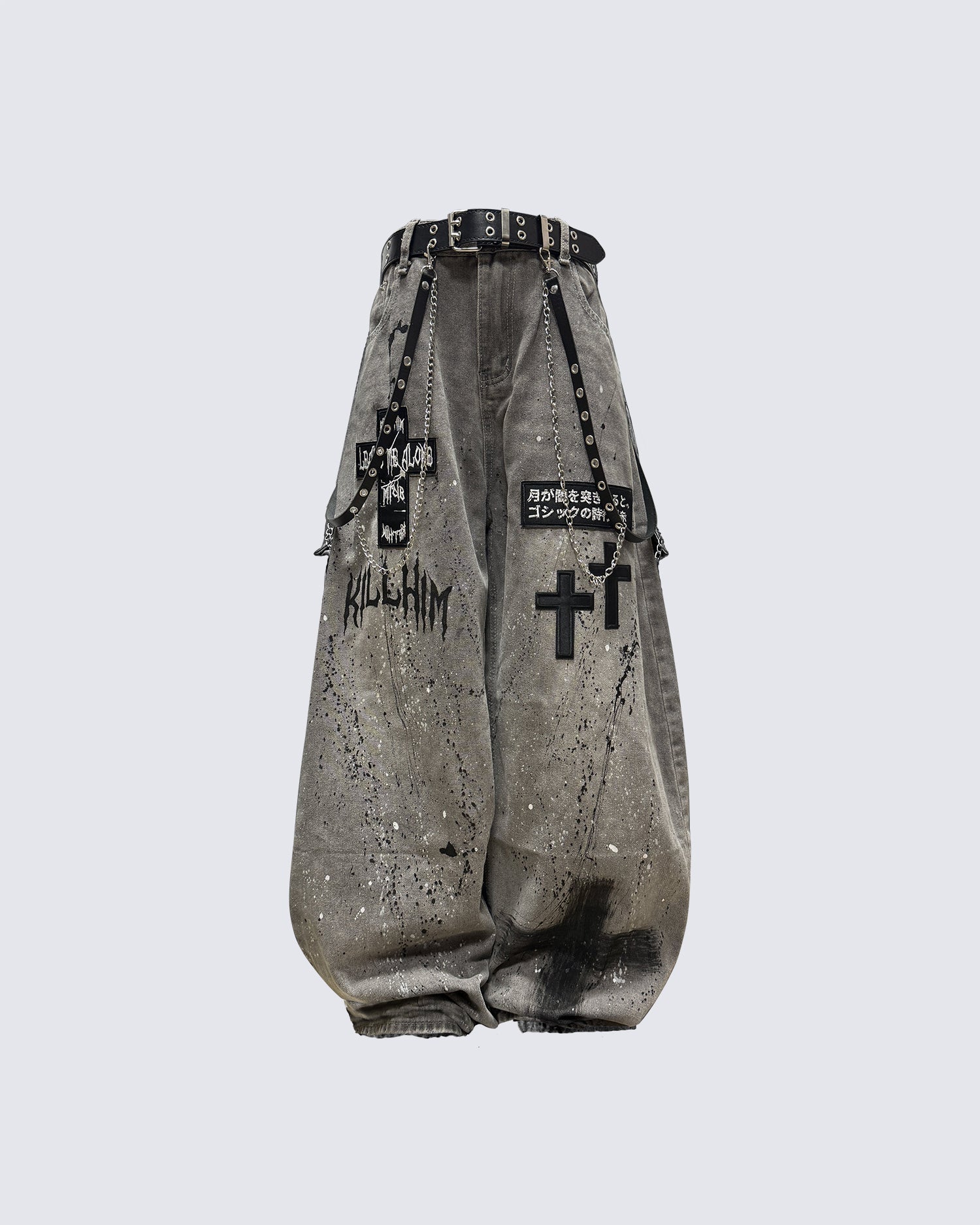 Distressed Paint-Splatter Patchwork Wide Jeans