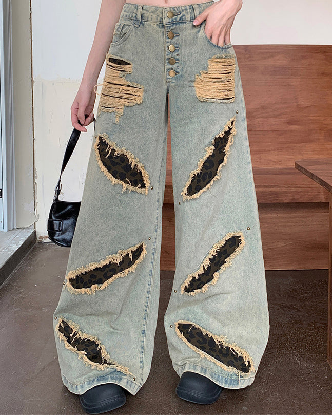 Post-Apocalyptic Printed Distressed Floor-Length Jeans