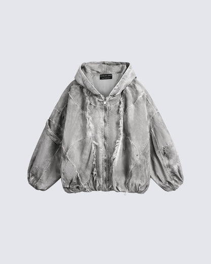 Distressed Patchwork Washed Zip Jacket