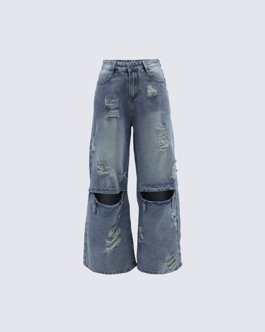 Punk Double-Knee Cutout Washed Denim Pants