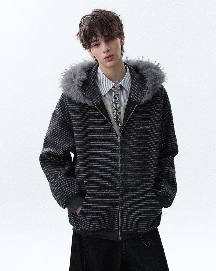 Striped Hoodie Jacket with Fur Trim