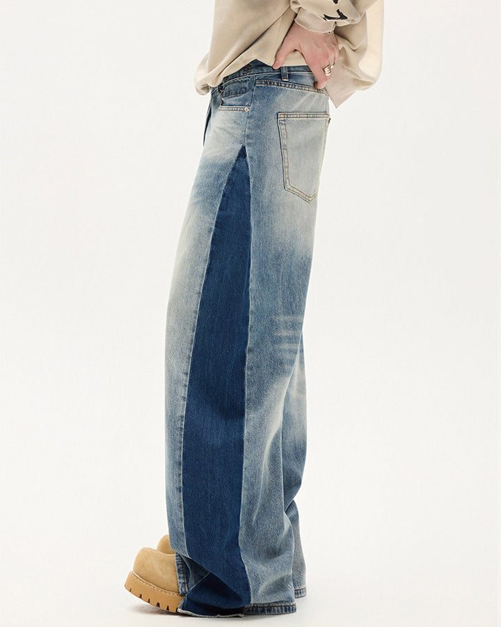 Spring Contrast Panel Wide-Leg Denim Jeans