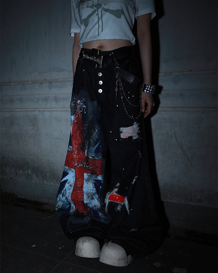 Distressed Hole High-Street Wide-Leg Pants