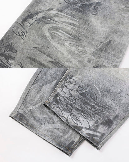 Graffiti Print Balloon Denim Pants